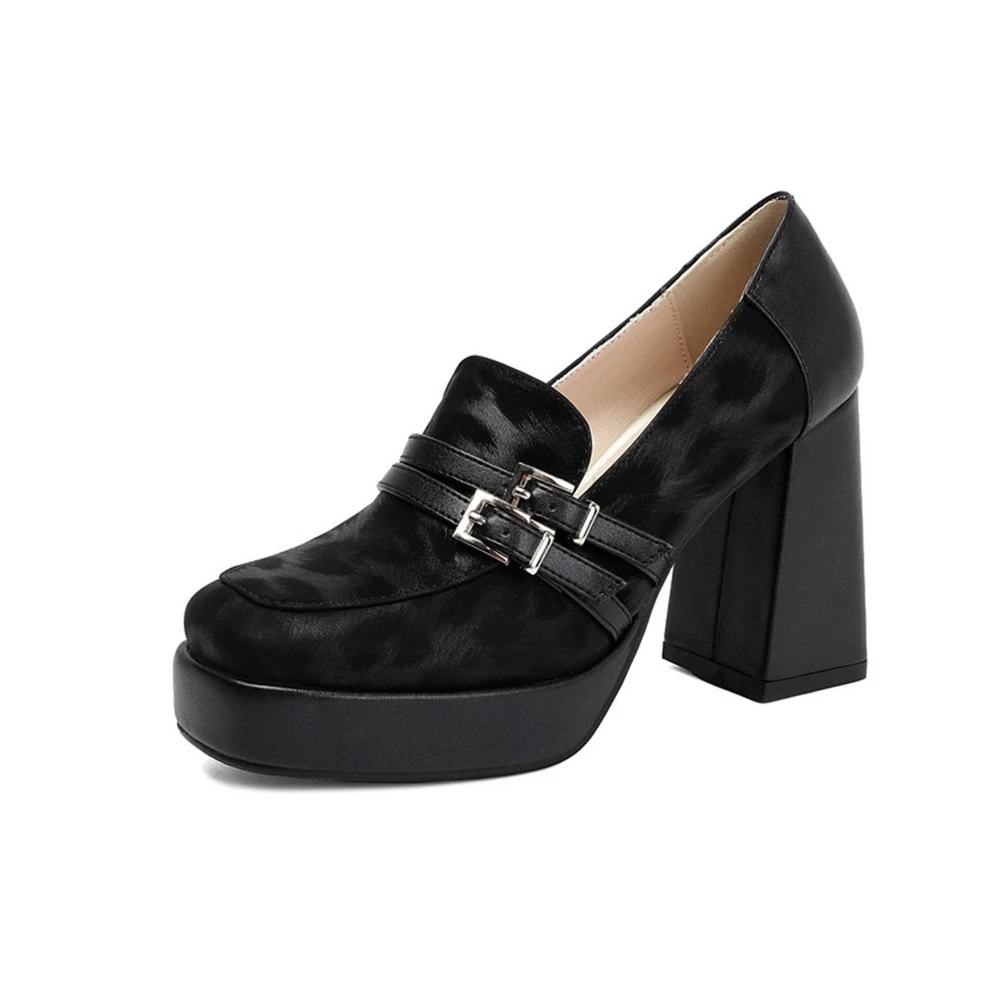 

Women's Leopard Print Platform Chunky Heel Loafers Double Buckle Strap Square Toe Thick Heel Dress Shoes Plus Size 34-46 917-8