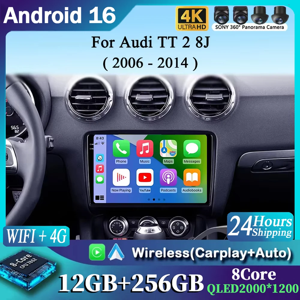 For Audi TT 2 8J 2006 - 2014 2K 12+256 QLED Android 16 CarPlay Car Radio Multimedia Video Player GPS stereo Head Unit 4G WIFI