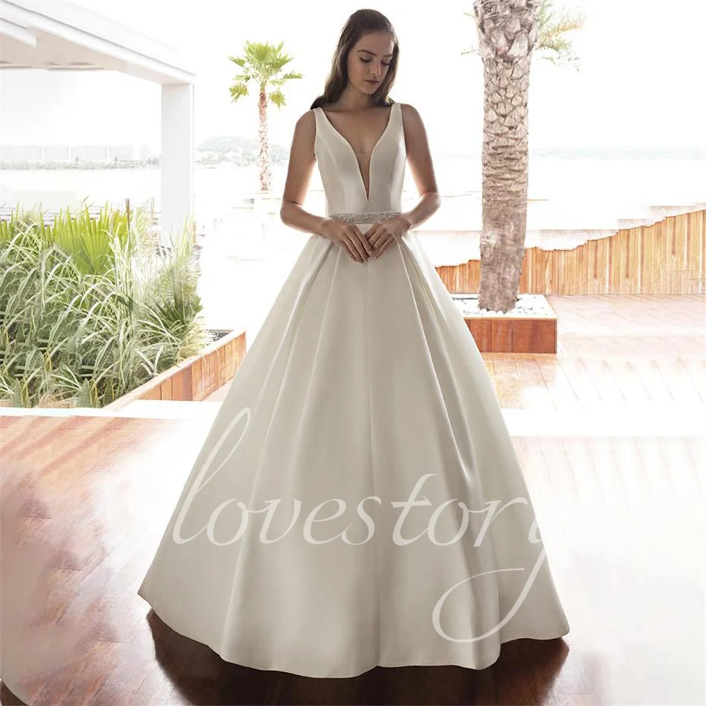 Gaun pernikahan Satin leher V elegan gaun pengantin panjang lantai A Line jubah pengantin renda tanpa lengan tangki wanita gaun pengantin wanita Vestidos De Novia