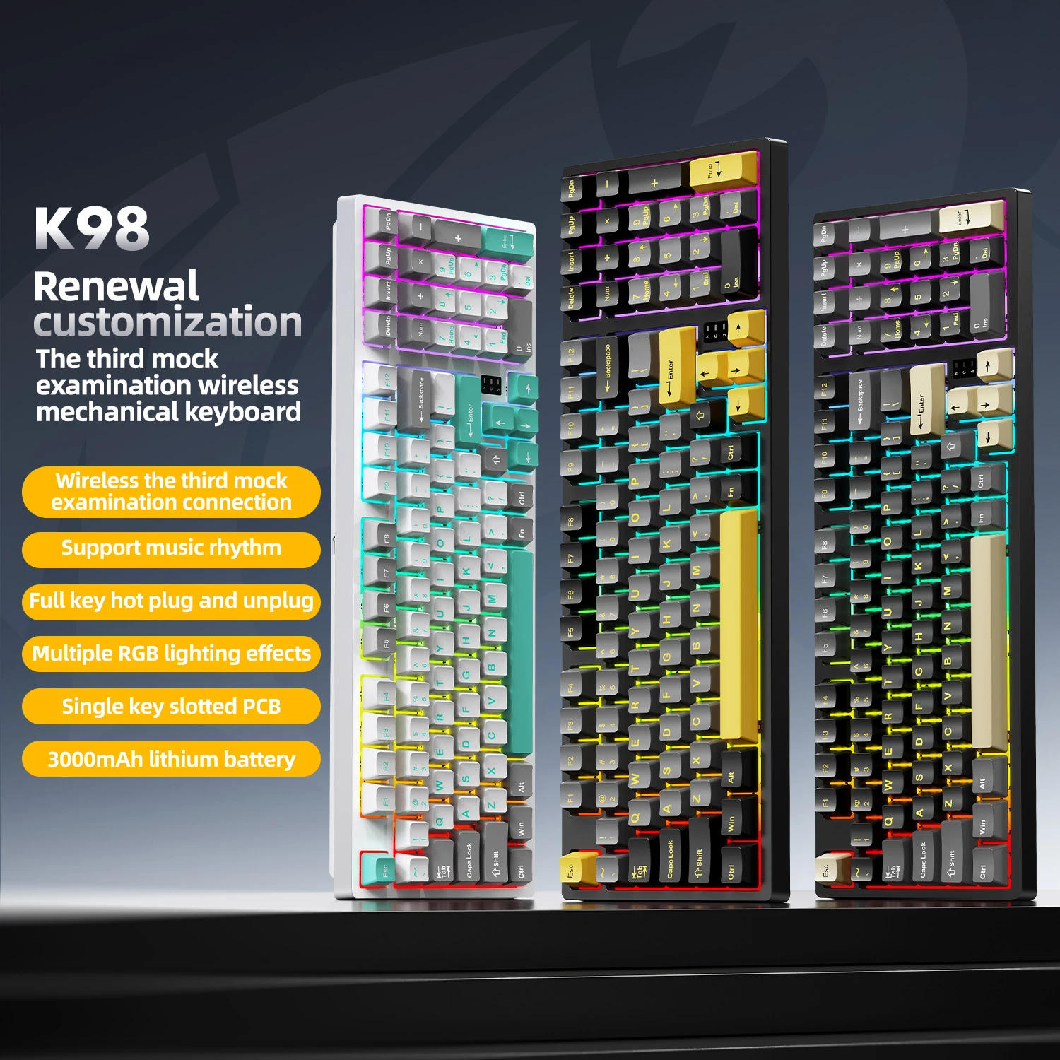 Teclado mecânico sem fio para jogos, 97 teclas, modo tri-modo retroiluminado RGB com teclas PBT para Windows/Mac