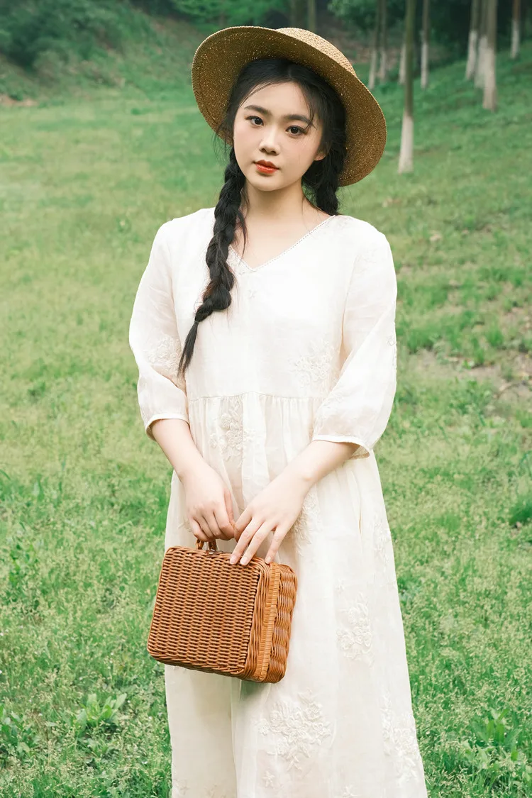 

Ele White Embroidered Fairy Skirt Dr Artistic Sle Summer Season A-Line Skirt V-Neline Cotton Linen Material