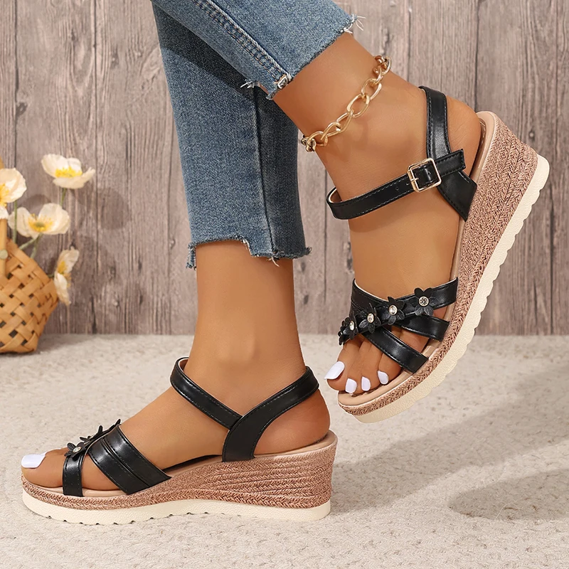 Fashion Flower Decor Women's Wedges Sandals 2024 Summer Ankle Strap Platform Sandles Woman Non Slip Casual Beach Sandalias Mujer