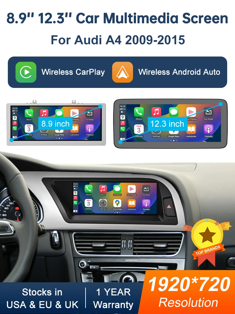 8,9 Zoll 12,3" Multimedia Display Touchscreen Für Audi A4 S4 2009-2015 Airplay Miracast Funktion Drahtlose Carplay Android Auto