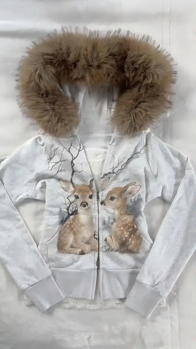 American Retro Deer Print Fur-Lined Hooded Open-Cardigan Women Korean Style Light Gray Short Fit Zip-Up Hoodie Flirty Outerwear