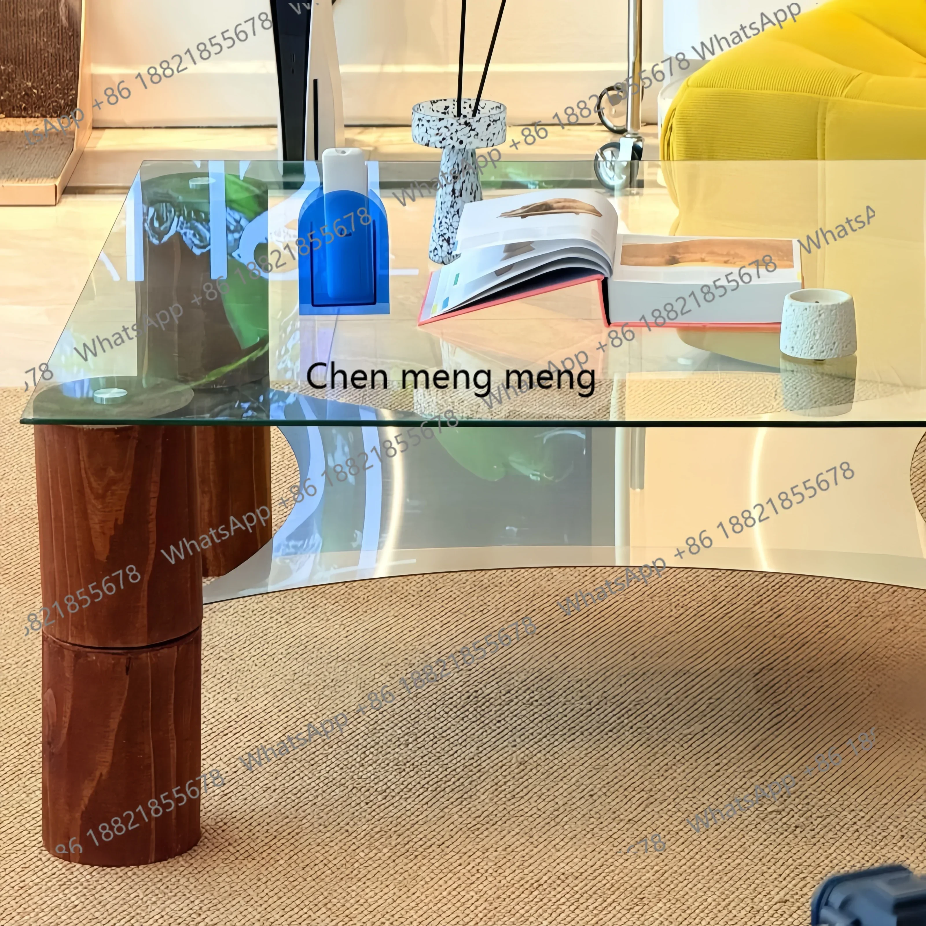 6239 Italian minimalist tempered glass coffee table stainless steel design living room solid wood table legs