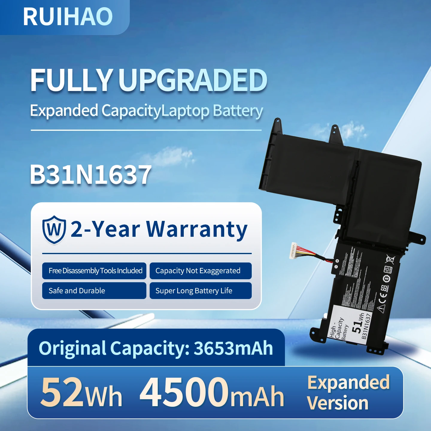 Batería para Portátil B31N1637 de 52Wh y 11.55V para ASUS VivoBook X510 X510U X510UQ X510UA S510U S510UF S510UQ F510U F510UA F510UQ F510QA