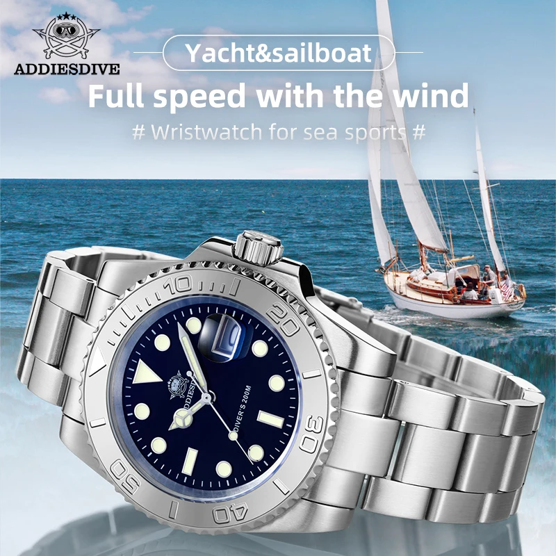 Image of ADDIESDIVE 41 mm stilvolle Herren-Taucheruhr, 200 m wasserdicht, Keramiklünette, Datumsanzeige, BGW9 Super LumiNova Quarzwerk, Business-Stil, Edelstahlarmband