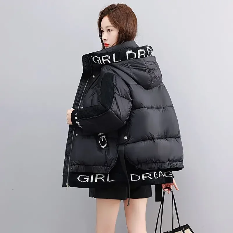 

2025 Winter Fashion New Women's Down Cotton Jacket Hooded Splicing Printed Jacket