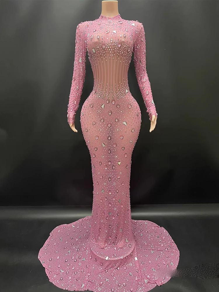 고품질 라인스톤 스팽글 섹시 탄성 메쉬 드레스 2025 신상 맞춤 여성 의류