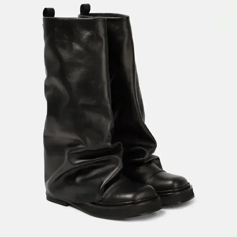 Women's New Autumn and Winter Calf Boots with Pleated Thick High Heels and Fashionable Oversized Street Leather Mid Leg Boots image 4