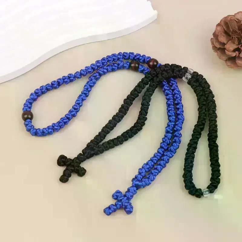 Black/Blue Komboskini Knot Necklace Handmade Orthodox Religous Rosary Prayer Rope Cross Jewelry Gift