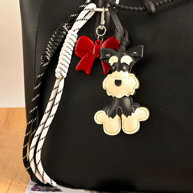 Chaîne de sac en corde tissée, porte-clés Animal en PU de dessin animé, mignon Schnauzer pour femmes, pendentif de sac à dos en cuir PU pour chiot, ornements