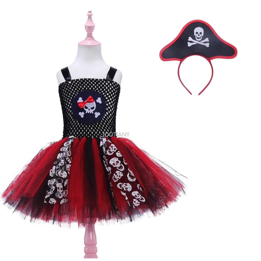 فستان توتو القراصنة التأثيري للفتيات مجموعة تنكر القراصنة للهالوين إرسال غطاء الرأس فتاة فستان بتصميم حالم الجماجم أداء الزي