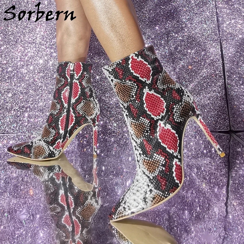 Sorbern Colorful Python Ankle Boots Female High Heel Stilettos Pointed Toe Short Booties Multi Colors Zip Up Fetish Shoes