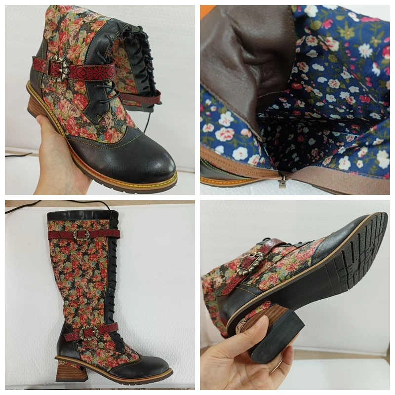 Koznoy Tacchi stampati 5 cm Nuova stampa etnica Pelle di pecora ZIP Autunno Primavera Stivaletti alti al ginocchio Donna Scarpe robuste taglie forti