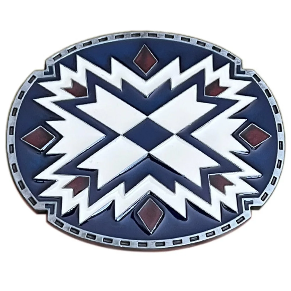 Oval Western Cowboys Totem Belt Buckle for Men Fashion Blue White Geometric Brand Design Hebilla Cinturon Hombre Dropshipping