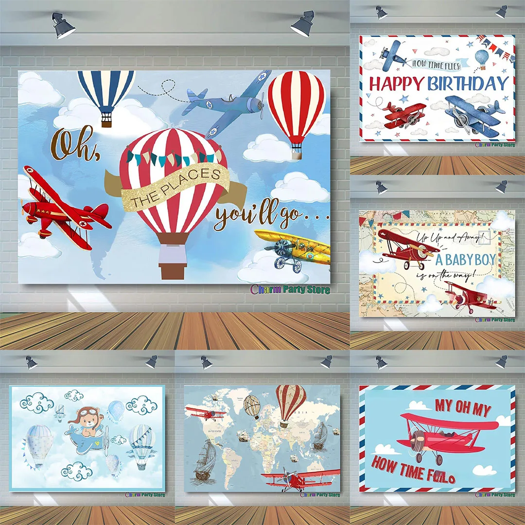 

Charm Birthday Airplane Backdrop Clouds Baby Shower Newborn kid Photography Airplane Aviator Adventure Boy Background Party Deco