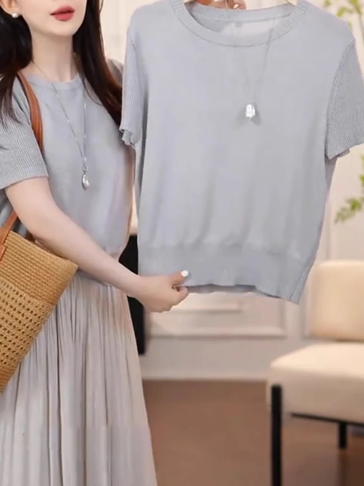 

Свободный крой, круглый трикотажный топ Ne Ice Silk ort Sve, удобная повседневная модная летняя футболка в Корейском стиле