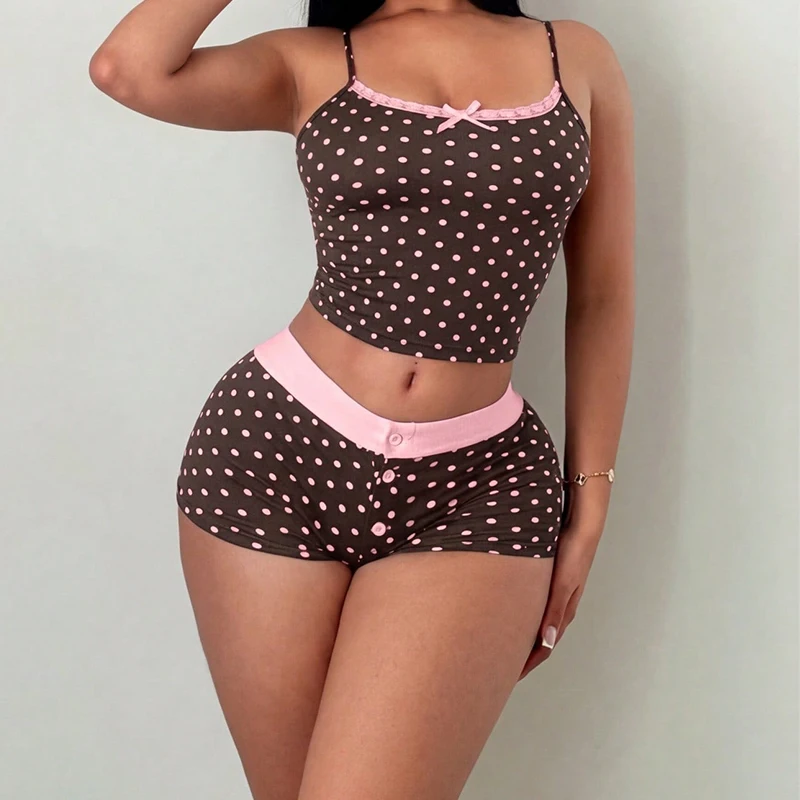 European and American Fashion Polka Dot Lace Camisole Hot Girl Vest Shorts Two-Piece Suit Can Be Worn outside Pajamas Ins Style