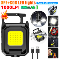 XPE Pocket Work Light 1000LM COB LED Mini Keychain Light USB Rechargeable Flashlight IPX4 Waterproof for Outdoor Camping Hiking