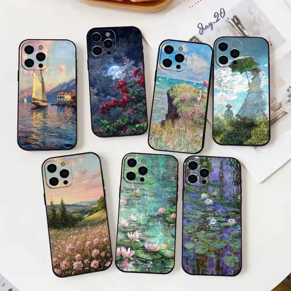 

Claude Monet Impressionism Painter Phone Case For iPhone 17 16 15 14 13 12 Max Plus Silicone Black Cover