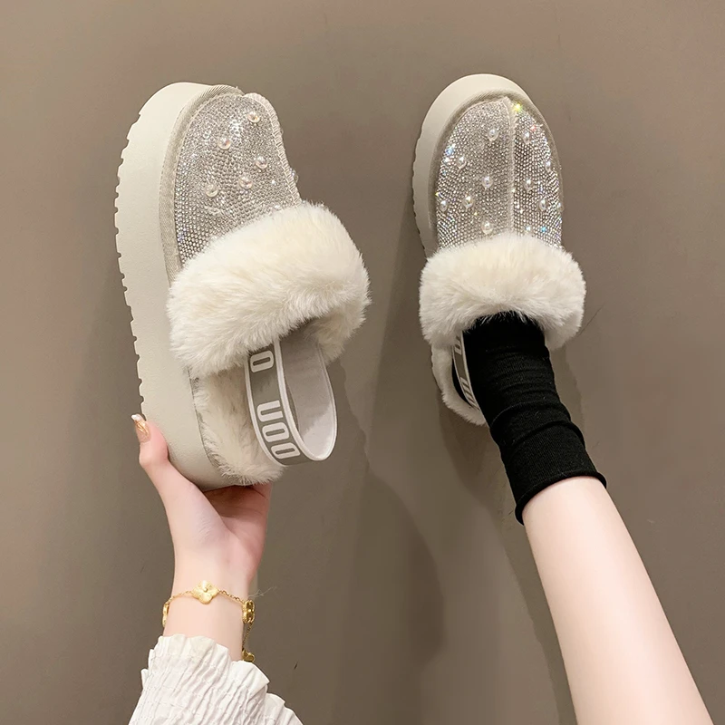 Women's Slippers Winter New Versatile Baotou Plush Thick Sole Increased Rhinestone Sequins Round Toe Fashion Slippers for Women