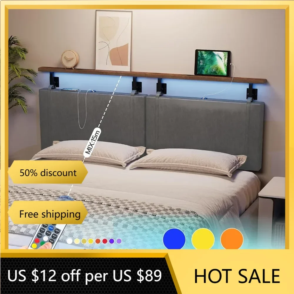 

Headboards PU Upholstery for Bedroom Wall Mount Hanging Headboard With 4 USB Ports and LED Light Open Storage Shelf Home