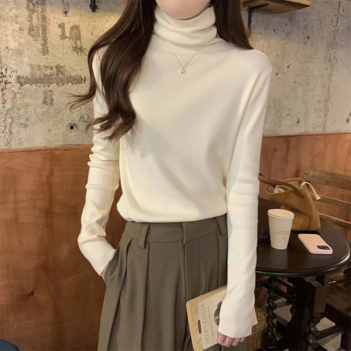 

Solid Color Long Sleeve Jumper Women Turtleneck Sweater Autumn Winter Soft Warm Knitted Pullover Simple Loose Base Layer Top
