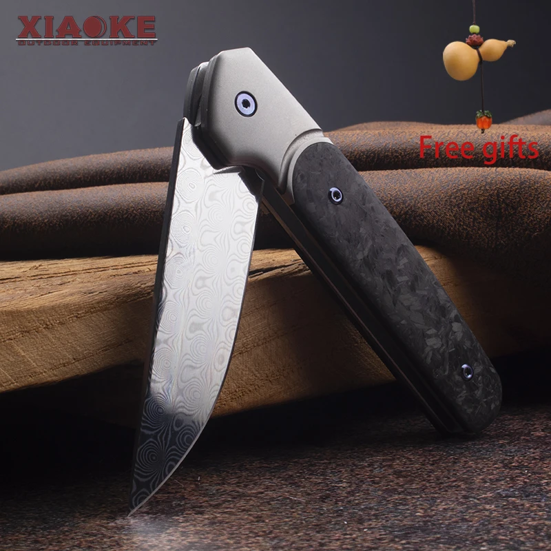 

Damascus Steel Blade Camping Knife - Carbon Fibre Handle Sharp Outdoor Survival Tactical Pocket Knife - EDC Tools for Collectors