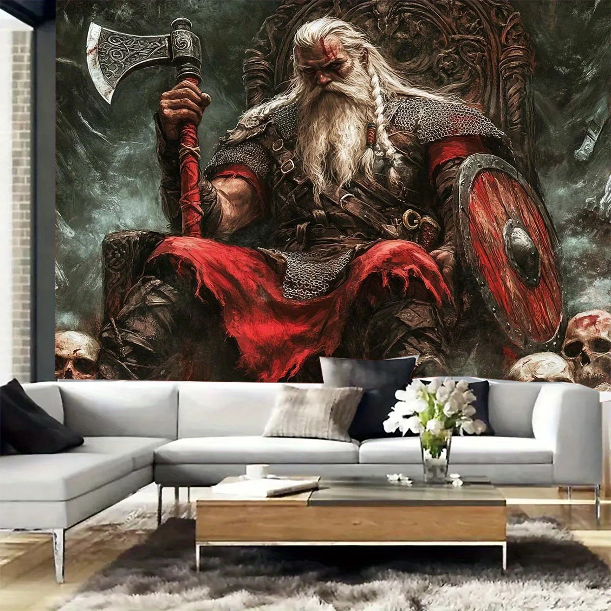 Nordic Viking Warrior Throne Tapestry, Epic Fantasy Battle Axe & Shield Print,Dark Academia Wall Hanging for Living Room Bedroom