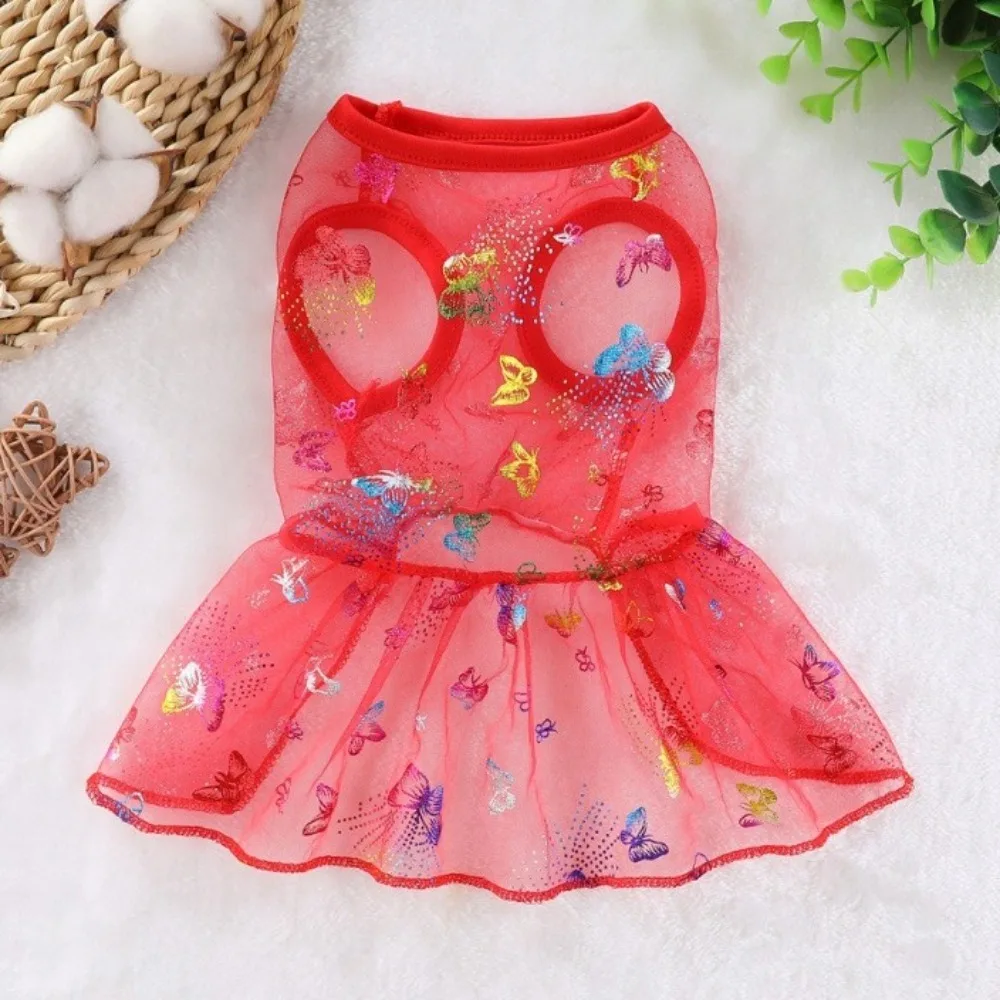 Cute Dog Butterfly Princess Dress Butterfly Print Breathable Dog Mesh Fluffy Skirt Lace Trim Summer Thin Dog Dress