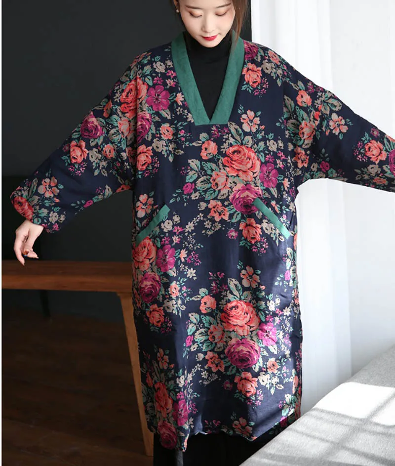 Original Cotton Large Flower V-Neck Splicing Pullover Large Sleeve Women's Casual Loose Medium Long Comfortable Thin Seam Robe