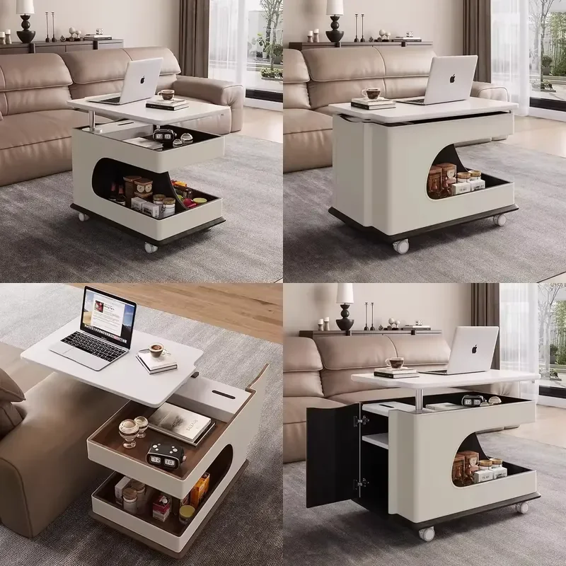 Ancient Style Movable Sofa Side Table With Wheels Cart Coffee Table Small Household Lift Folding High-grade Household