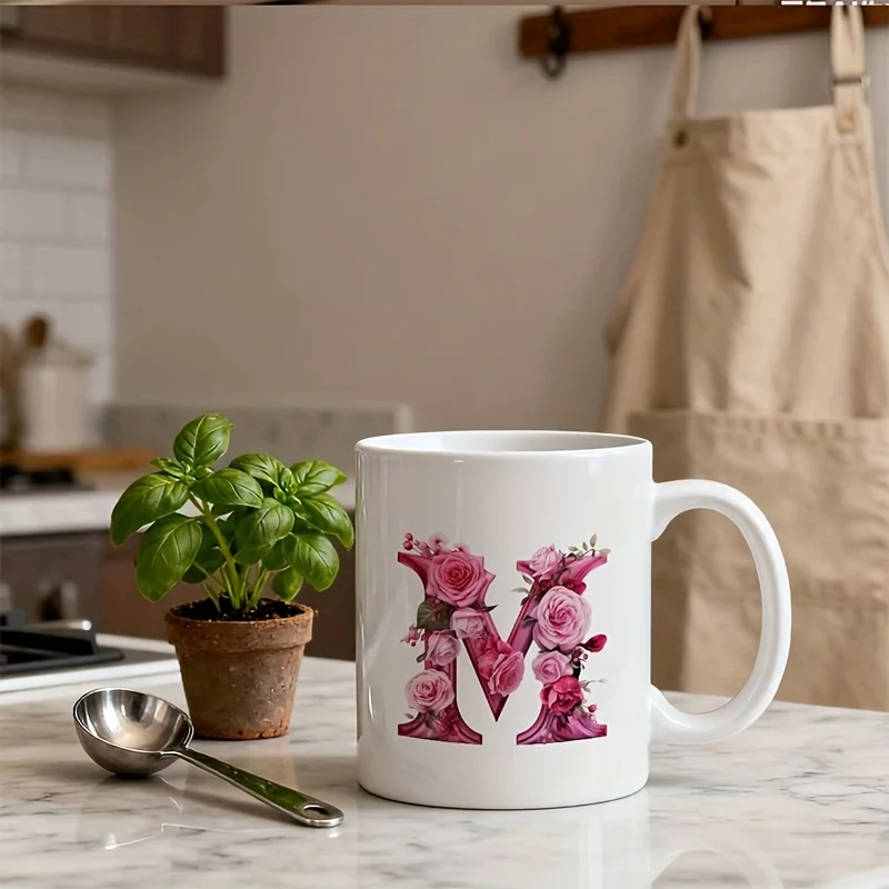 1pcA-Z monogram ceramic coffee mug, pink and burgundy rose and letter design mug, birthday, anniversary, wedding gift
