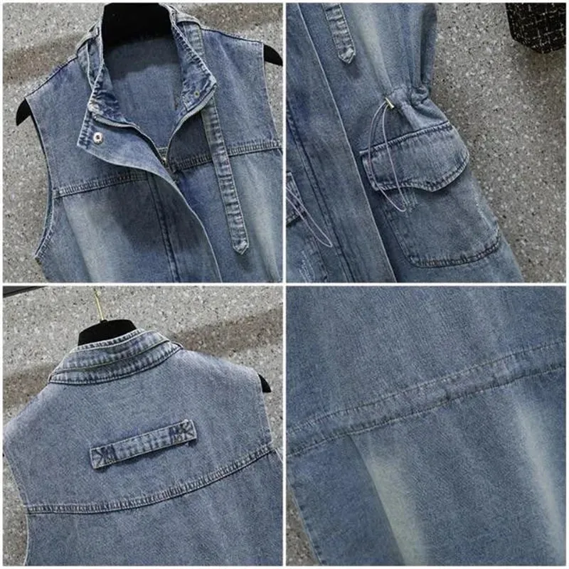 Imagem -05 - Vintage Denim Jaqueta Colete Feminino Meados de Comprimento Primavera Outono Novo Coreano Solto sem Mangas Cabolsa Jean Mulher Colete Topos Ladie 2023