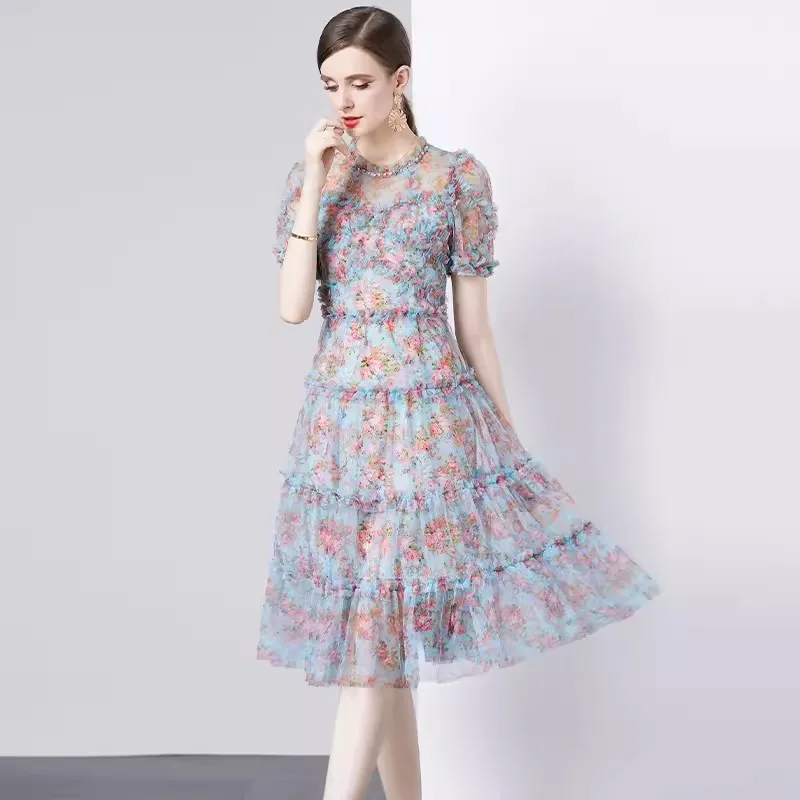 

High Quality Luxury Beaded Printed Mesh Party Dress For Women Chic O-Collar A-line Cake Midi Dress Female Summer Clothing