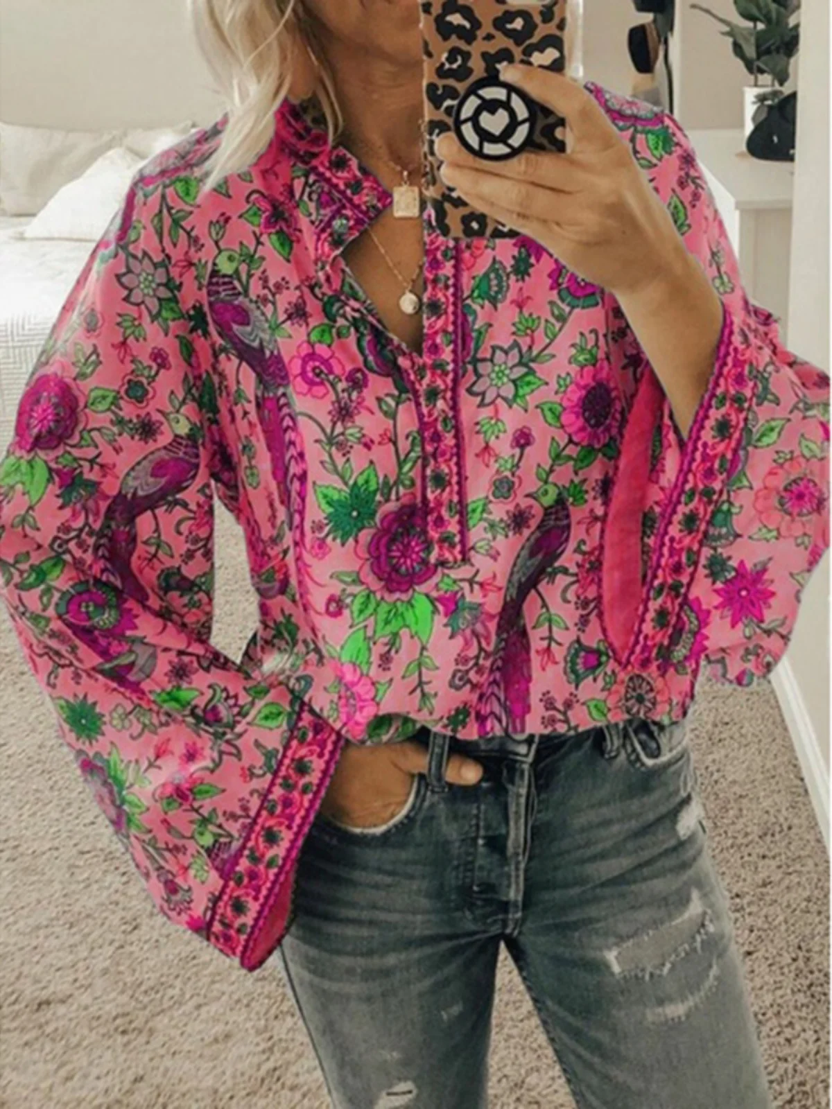 

Long Sve Printed Loose Lapel irt Women's Faion Casual irt Stand Collar Regular Fit Long irt Autumn Collection