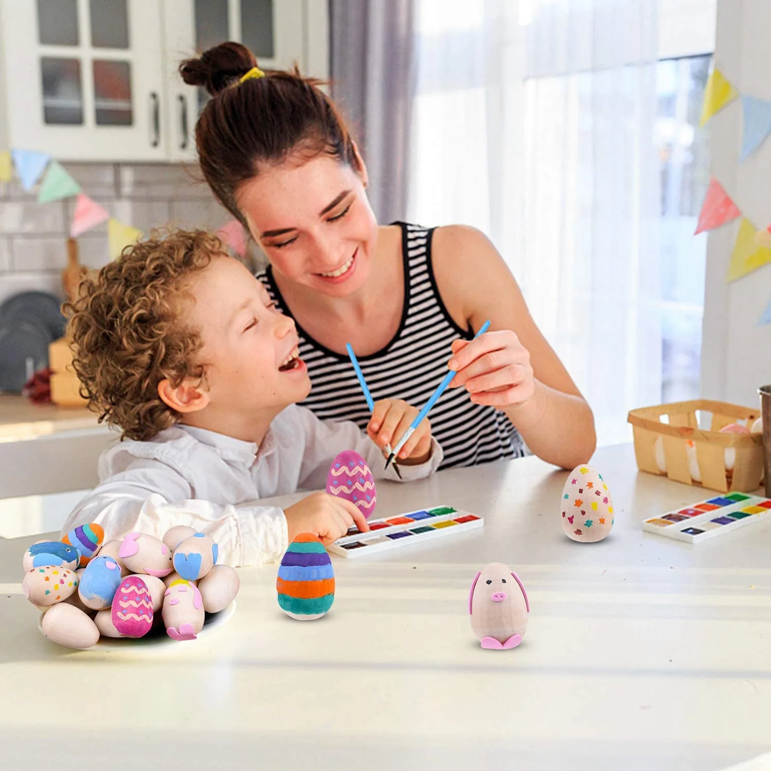DT19-10Pcs Unpainted Wooden Eggs, Unfinished Flat Bottom Wooden Easter Craft Eggs,Smooth Ready To Paint And Decorate