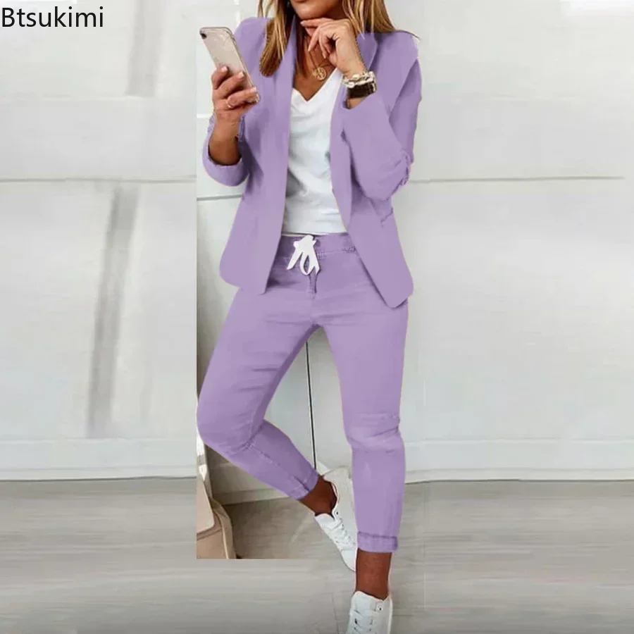 2024 Women\'s Formal Two Pieces Office Suit Sets Slim Blazer and Pants with Pocket Lapel Women Suits Office Sets 2PCS Tracksuit