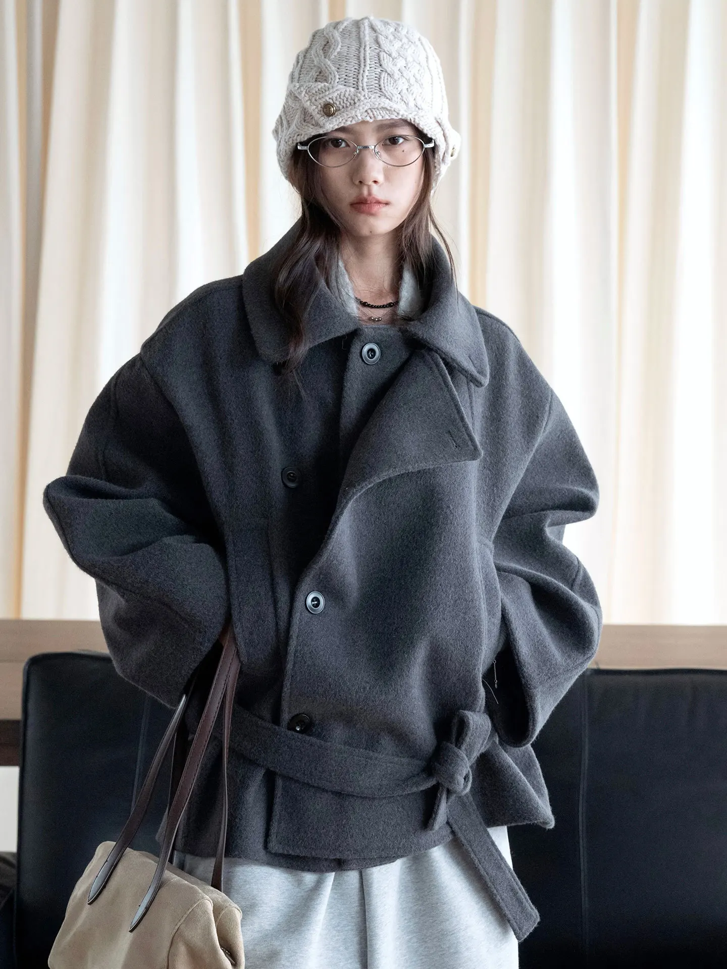 Winter Korean collar single-sided woolen coat with belt, double-layer placket, warm and fashionable jacket for women