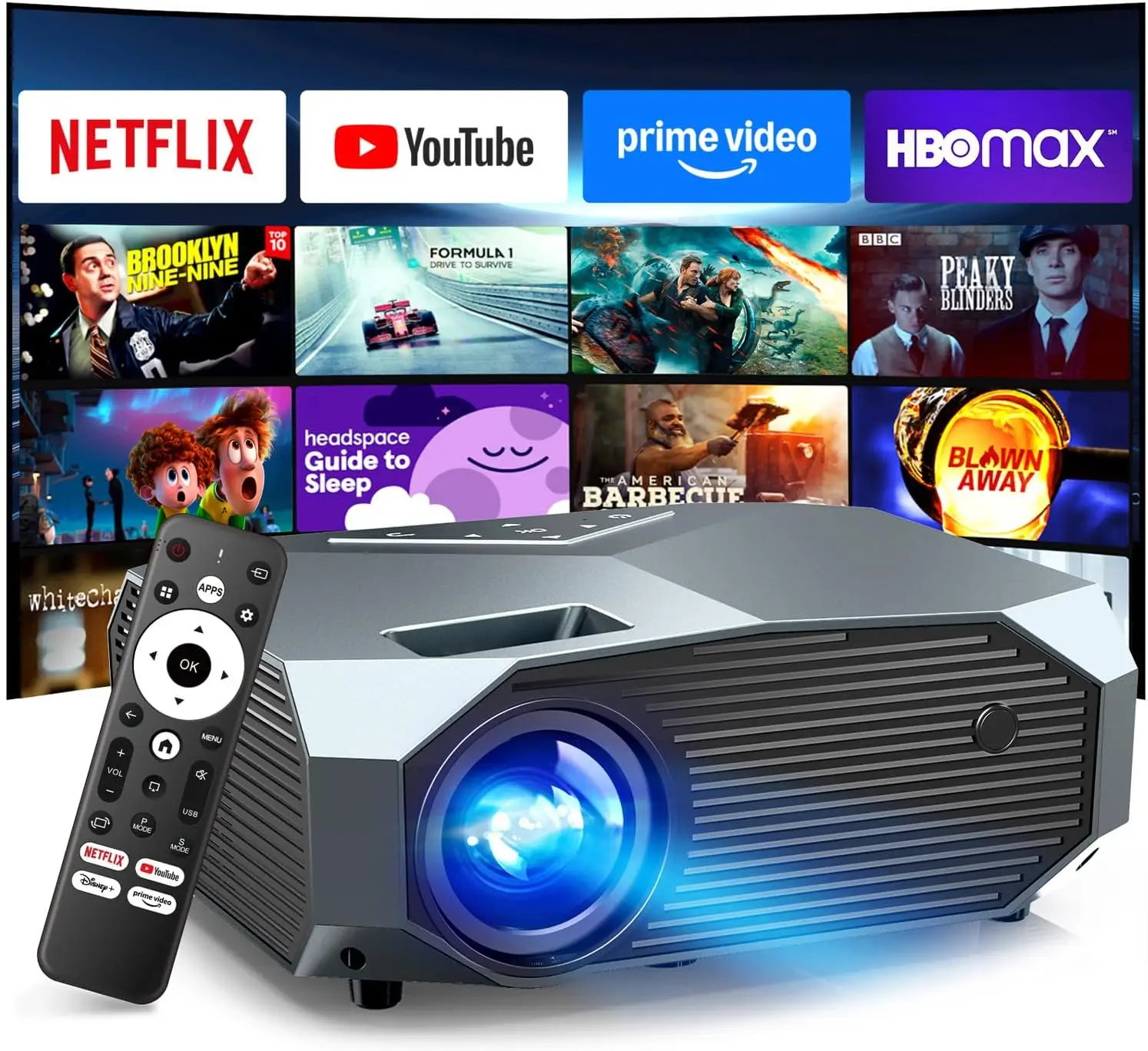 Proyector inteligente WiFi 6 Bluetooth, compatible con películas 4K en exteriores, Netflix, YouTube, HDMI, USB, iOS y Android