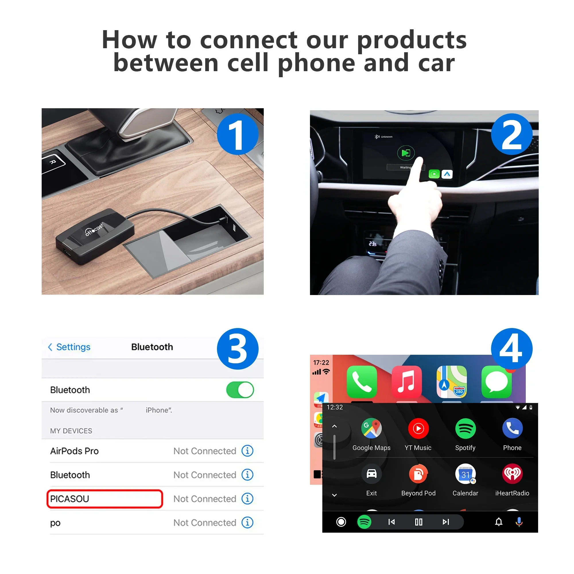 OTTOCAST U2 X Wireless Android Auto CarPlay Adapter 2 in1 Carplay Smart Box Plug Play Multimedia Player for Toyota Mazda VW