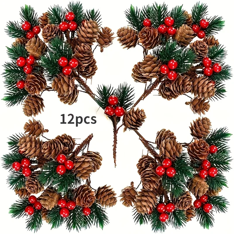 12pcs Artificial Pinecone with Red Berries Ornament, Christmas Decoration, Pine Needle Christmas Tree