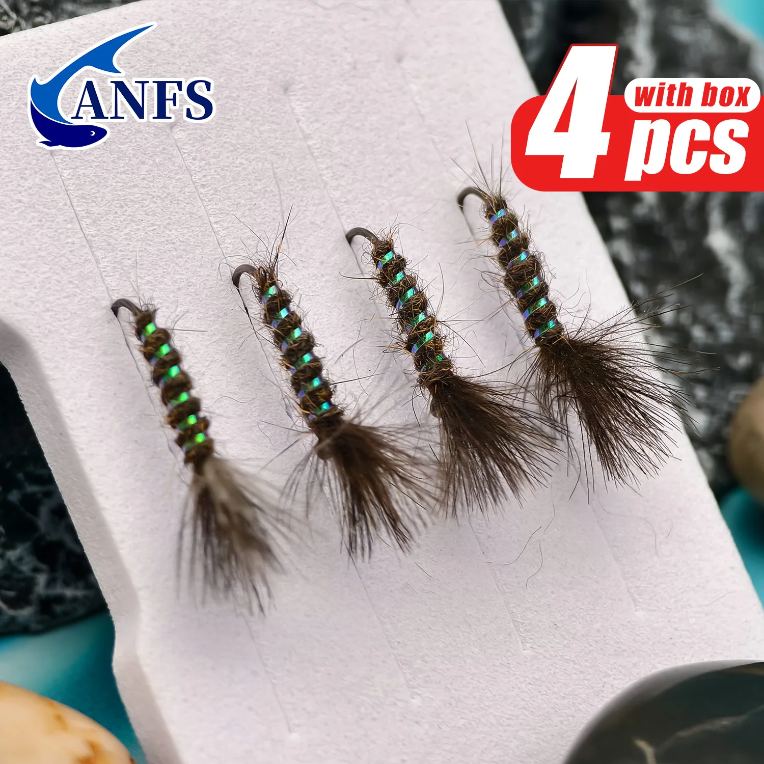 ANFS 4 Uds CDC Hares volante de oreja mosca de trucha con caja de mosca, moscas de trucha secas, regalo de pesca con mosca de trucha
