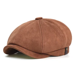 Autumn Winter Warm Faux Leather Cap Newsboy Cap Hat Men Women Casual Beret Solid Cap Flat Caps Vintage Hats