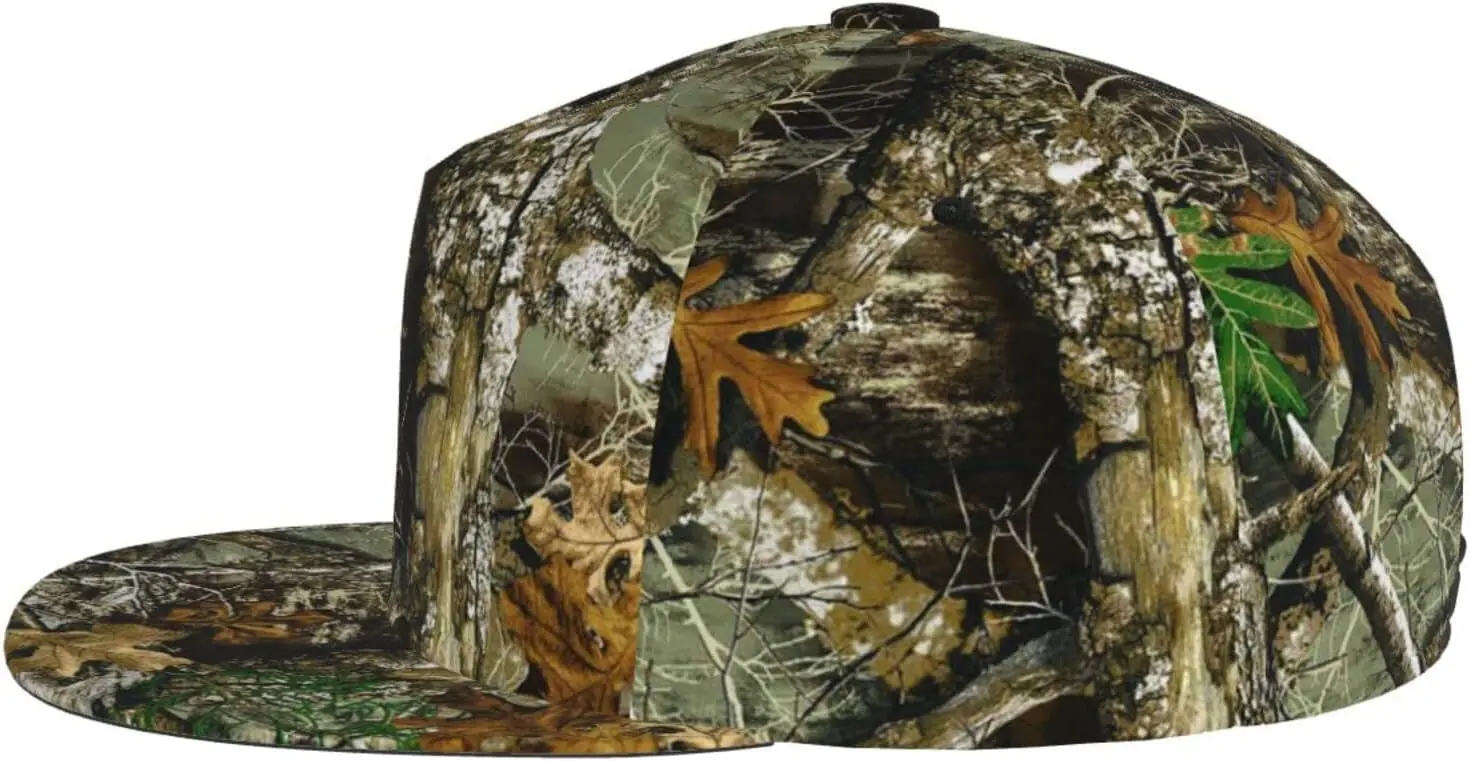 Autumn Hunting Tree Camo Flat Bill Hat, Unisex Snapback Baseball Cap Hip Hop Style Flat Visor Blank Adjustable