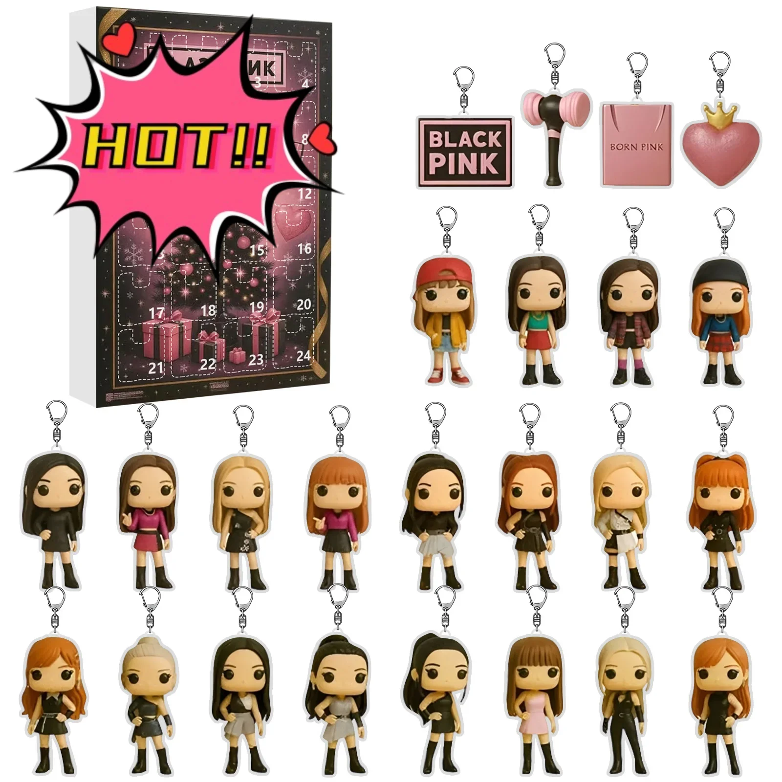 BLACK&PINK Calendrier de l'Avent 24 jours, collecte de toutes les poupées 2D mignonnes de Jisoo, Jennie, Rose & Lisa, cadeau de Noël ultime pour B