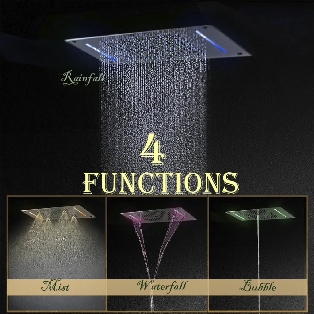 Multi-Function Concealed Thermostatic Complete Shower System with Shut-off valve LED Ceiling Shower Head Waterfall Wall Mist SPA