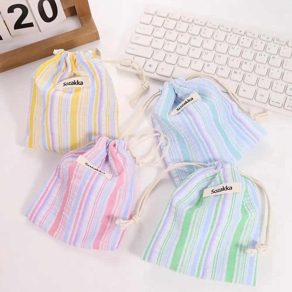 

Simple Change Bag Stripe Drawstring Storage Bag Packing Bag Canvas Makeup Bag Card Holder Coin Purse Cosmetics Bag Girls