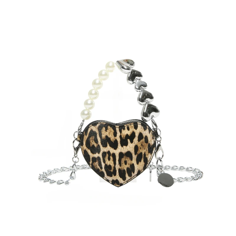 Heart Shaped Leopard PU Shoulder Bags Chains Beading Hot Girl Style Super Cool Crossbody Bags for Women 2024 Fashion New Style